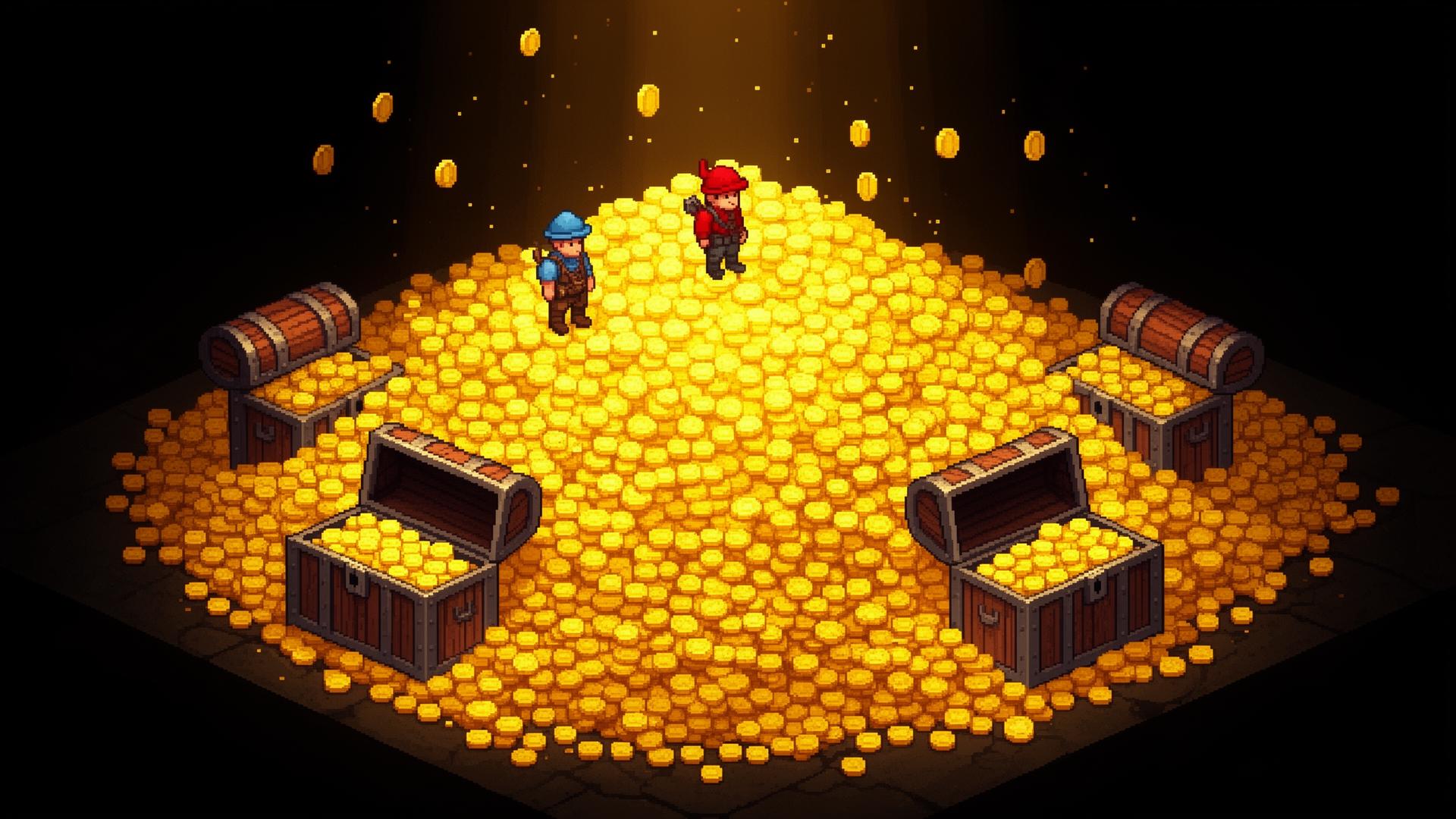Pile of pixel gold and treasure chests